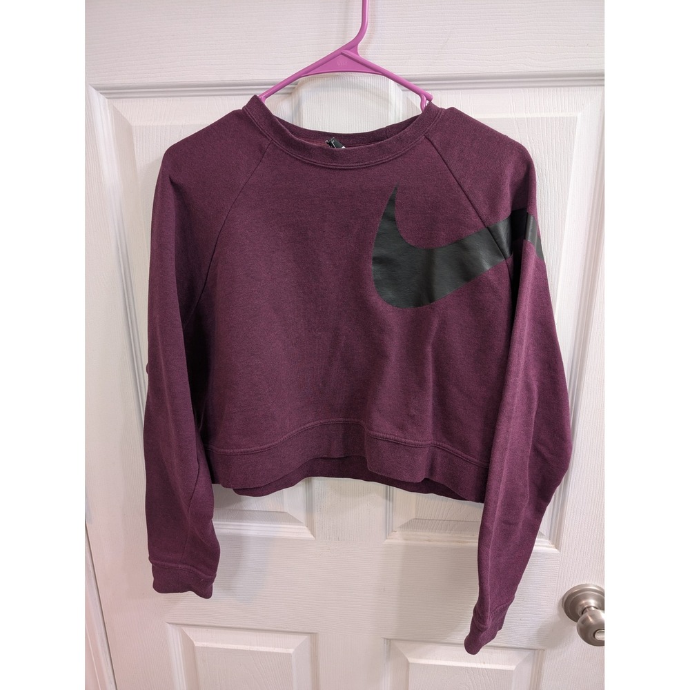 Nike Dri-FIT Cropped Sweatshirt Women Small Plum Oversized Swoosh Logo - Size S